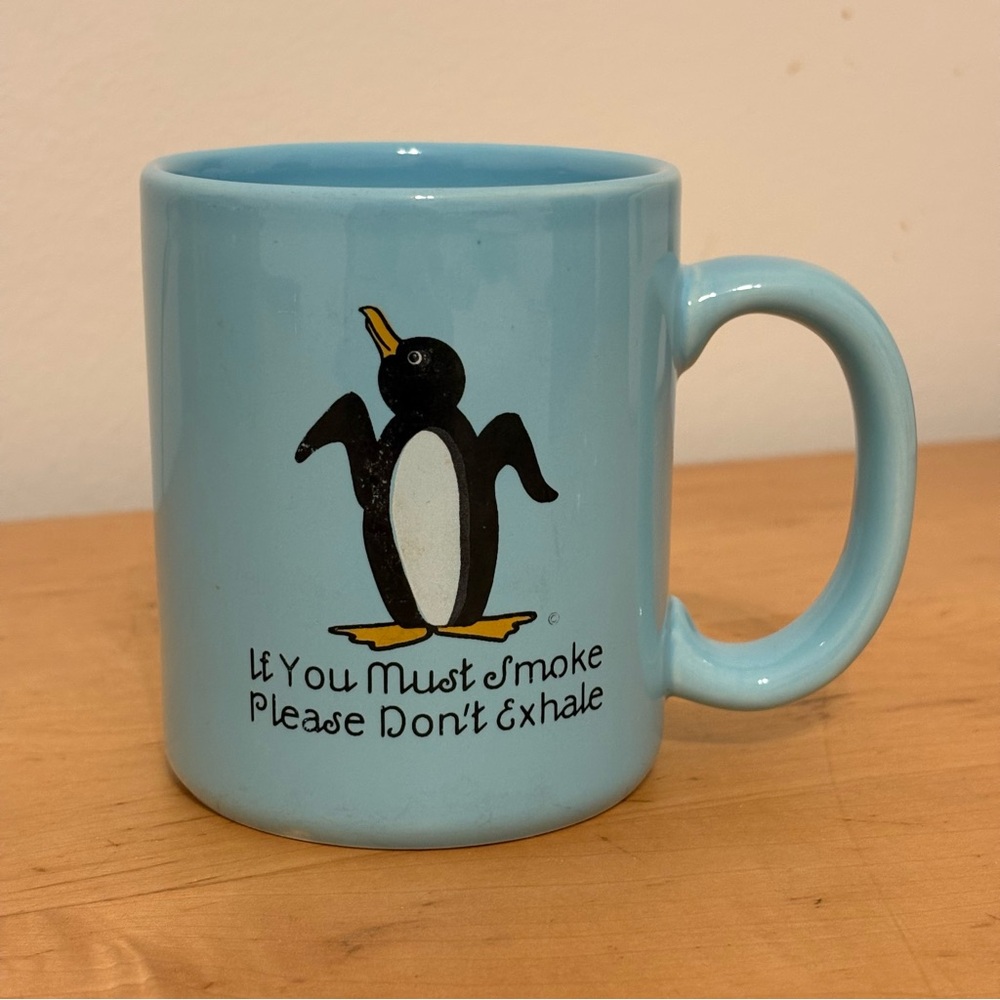 Penguin Mug Novelty Funny Sassy Blue Coffee Cup Anti Smoking